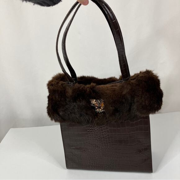 BHS British Home Store | Brown Faux Crocodile Fur Trim Handbag - Picture 3 of 13